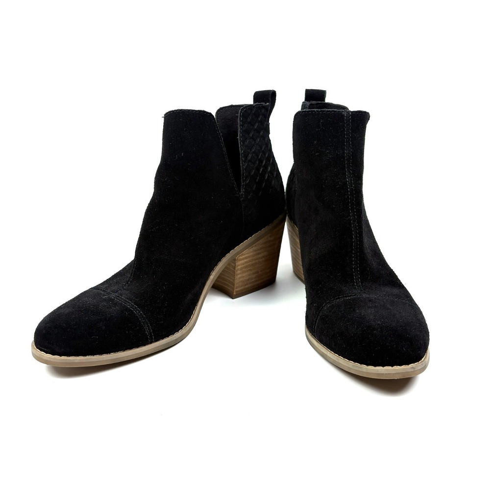 Toms Everly Cutout Ankle Booties Womens Sz 8.5 Black Suede Stacked Low Heel Slip